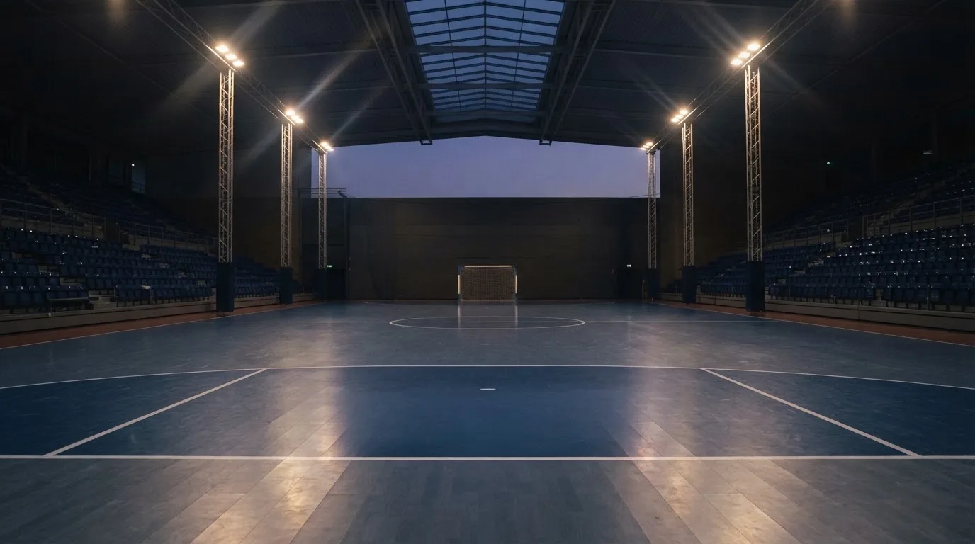 An empty football stadium with floodlight masts at dusk
