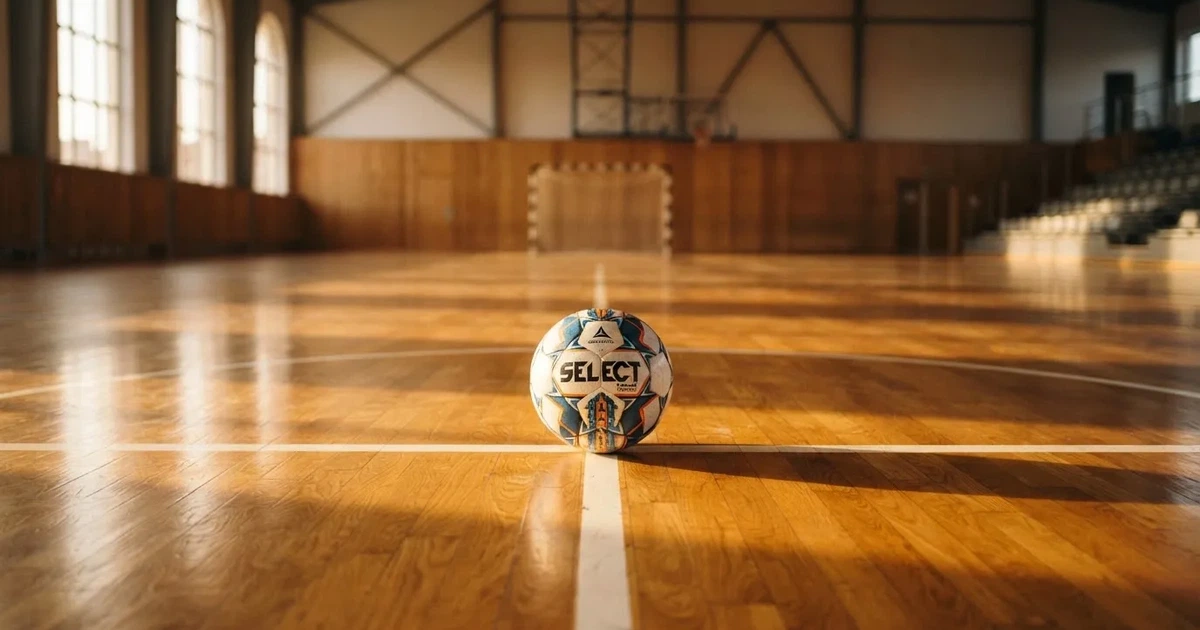 A ball on the centre spot of a grass pitch in morning light