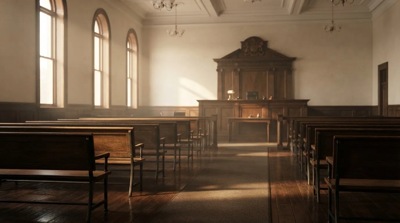 An empty courtroom with wooden benches in morning light
