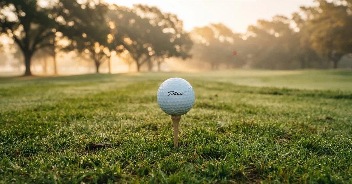 A ball on the centre spot of a grass pitch in morning light