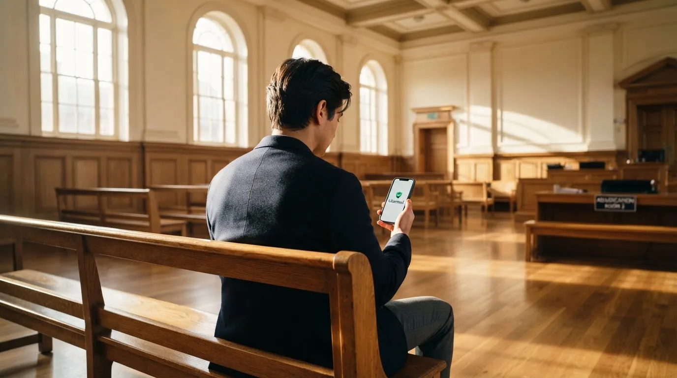 An empty courtroom with wooden benches in morning light