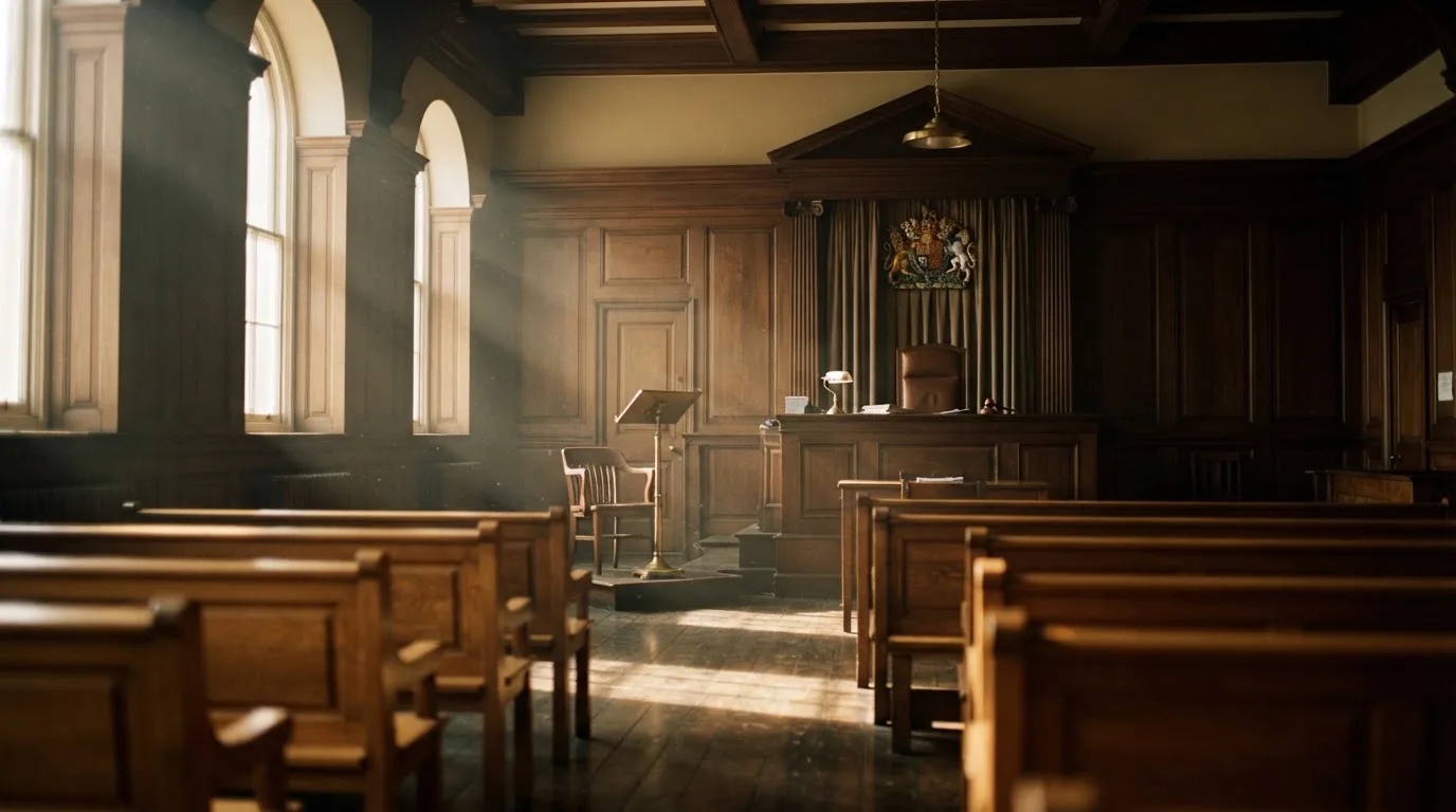 An empty courtroom with wooden benches in morning light