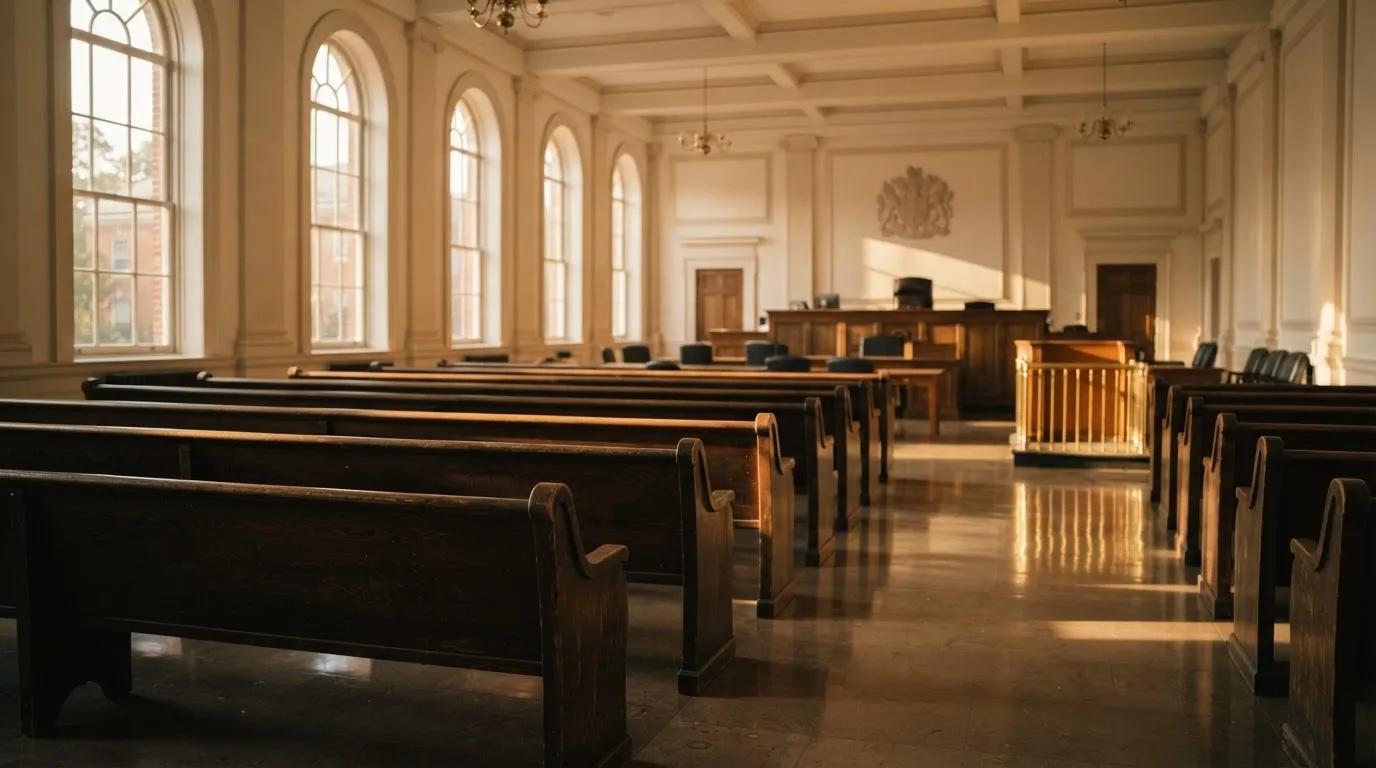 An empty courtroom with wooden benches in morning light