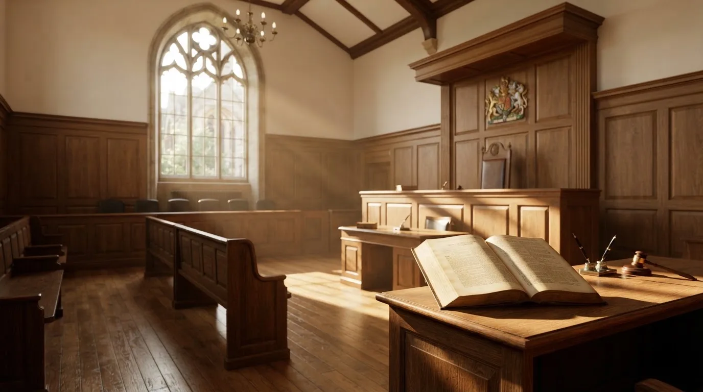 An empty courtroom with wooden benches in morning light