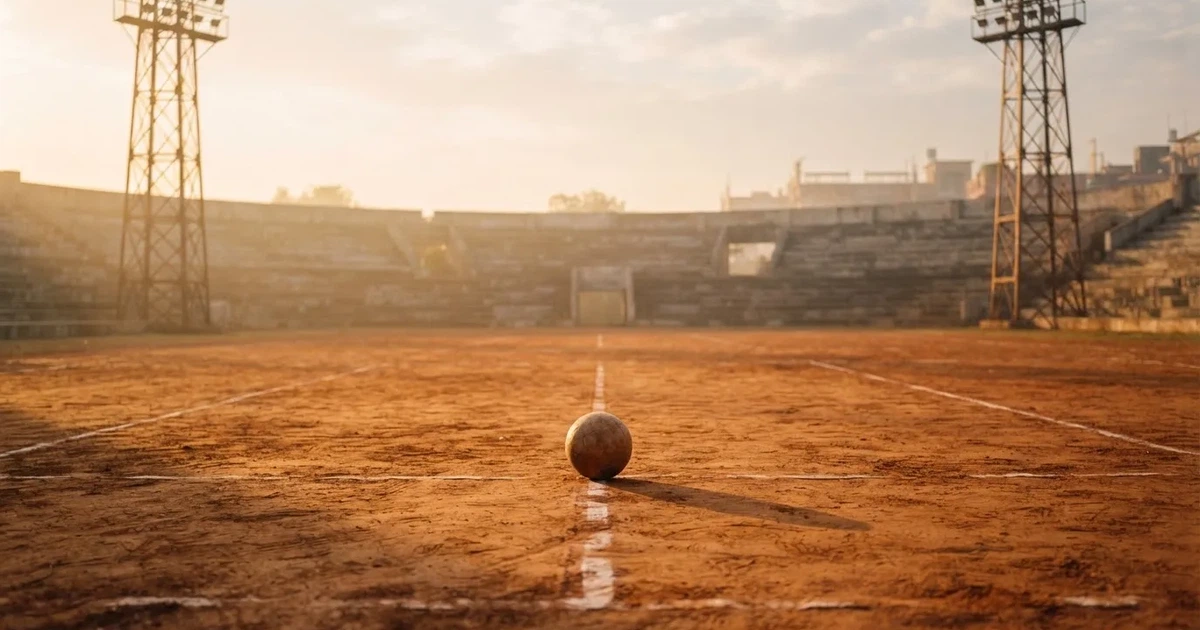 A ball on the centre spot of a grass pitch in morning light