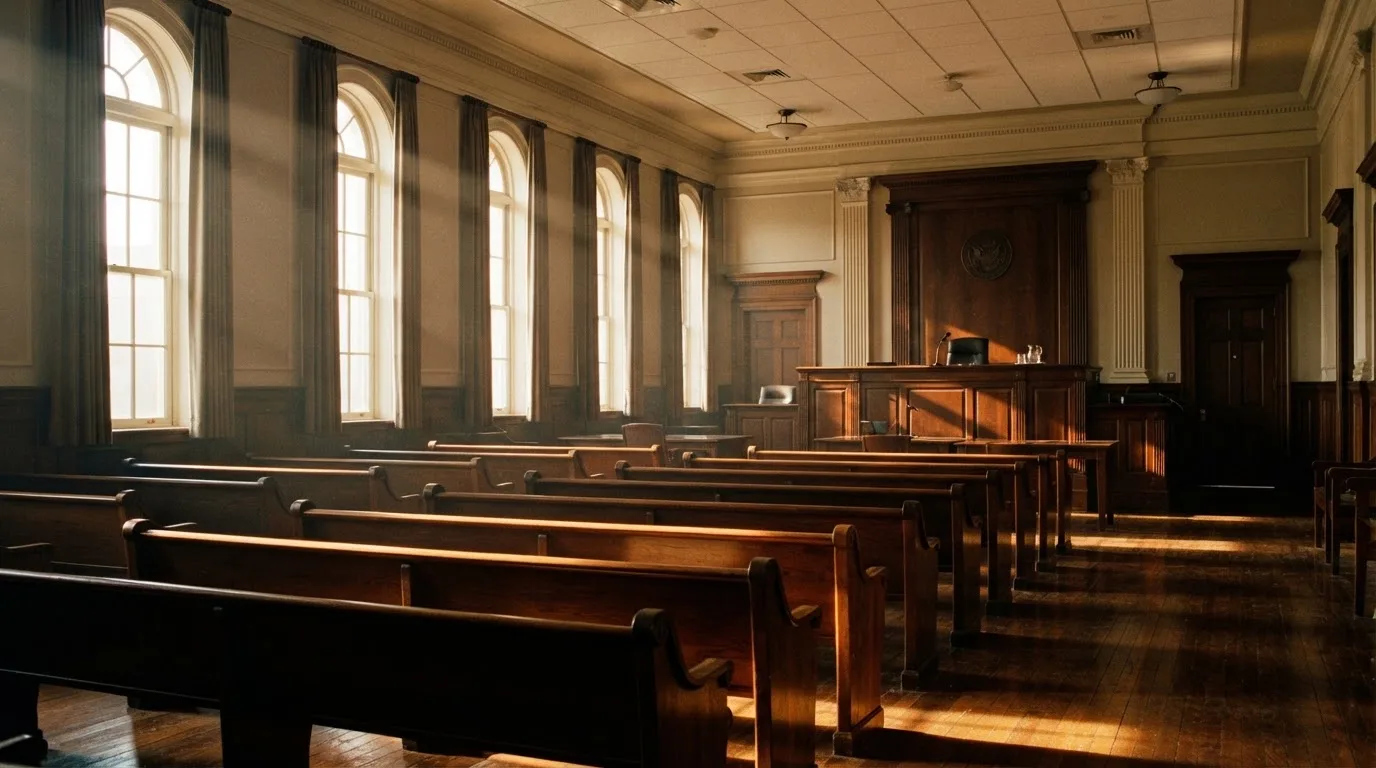 An empty courtroom with wooden benches in morning light