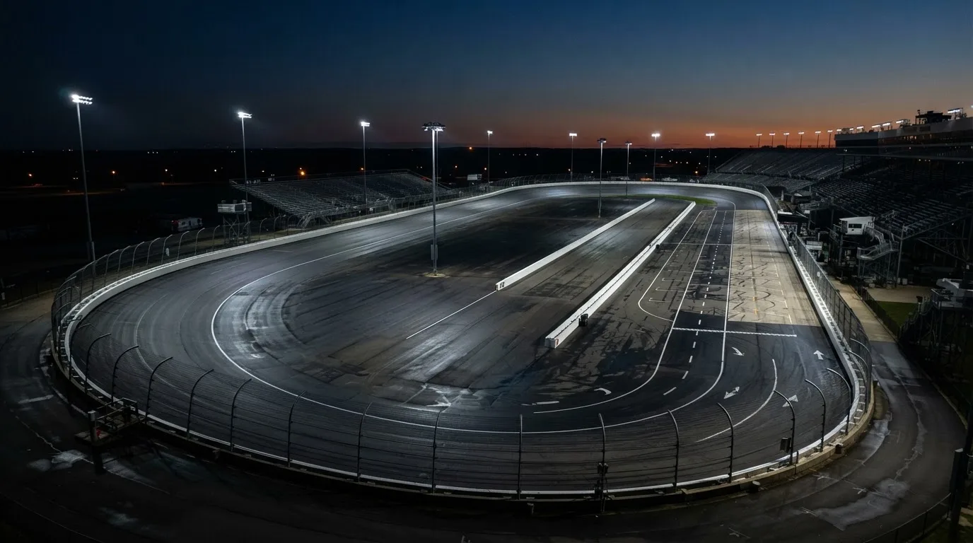 An empty football stadium with floodlight masts at dusk