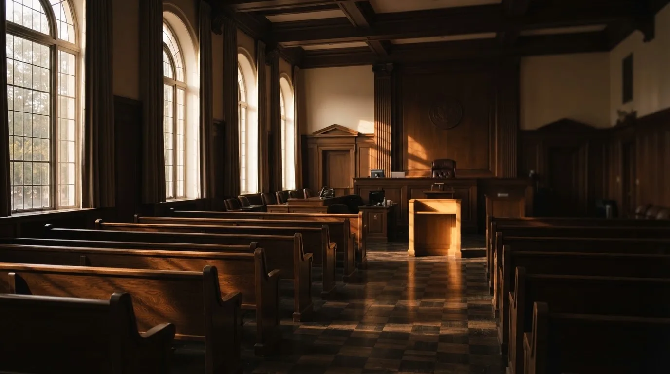 An empty courtroom with wooden benches in morning light