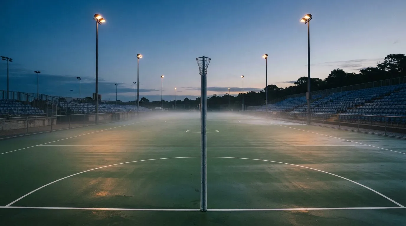 An empty football stadium with floodlight masts at dusk