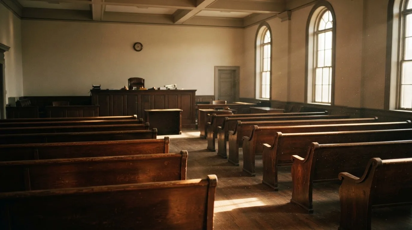 An empty courtroom with wooden benches in morning light