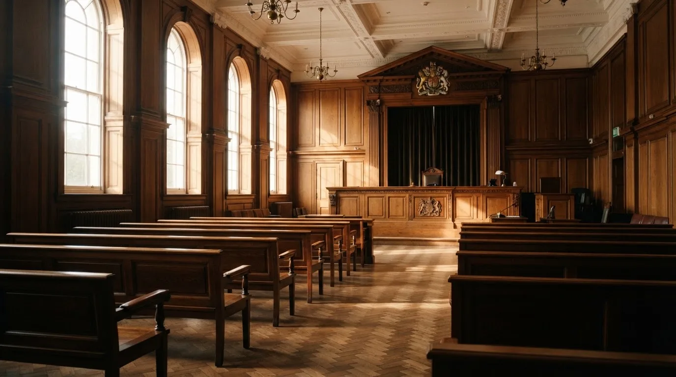 An empty courtroom with wooden benches in morning light
