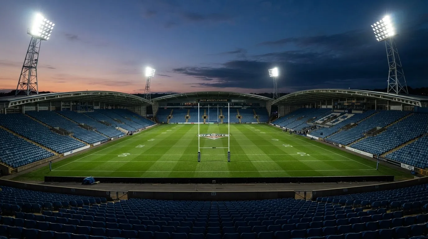 An empty football stadium with floodlight masts at dusk