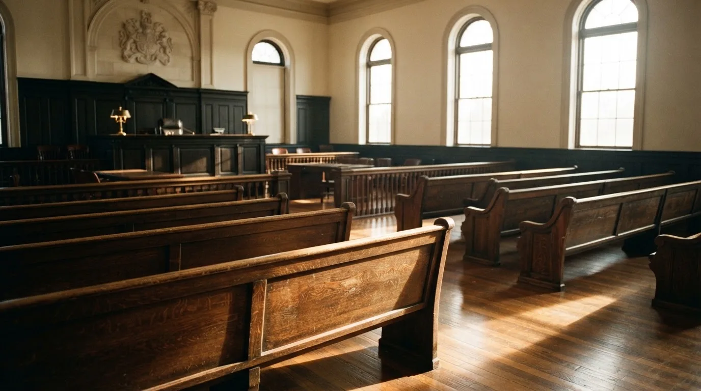 An empty courtroom with wooden benches in morning light