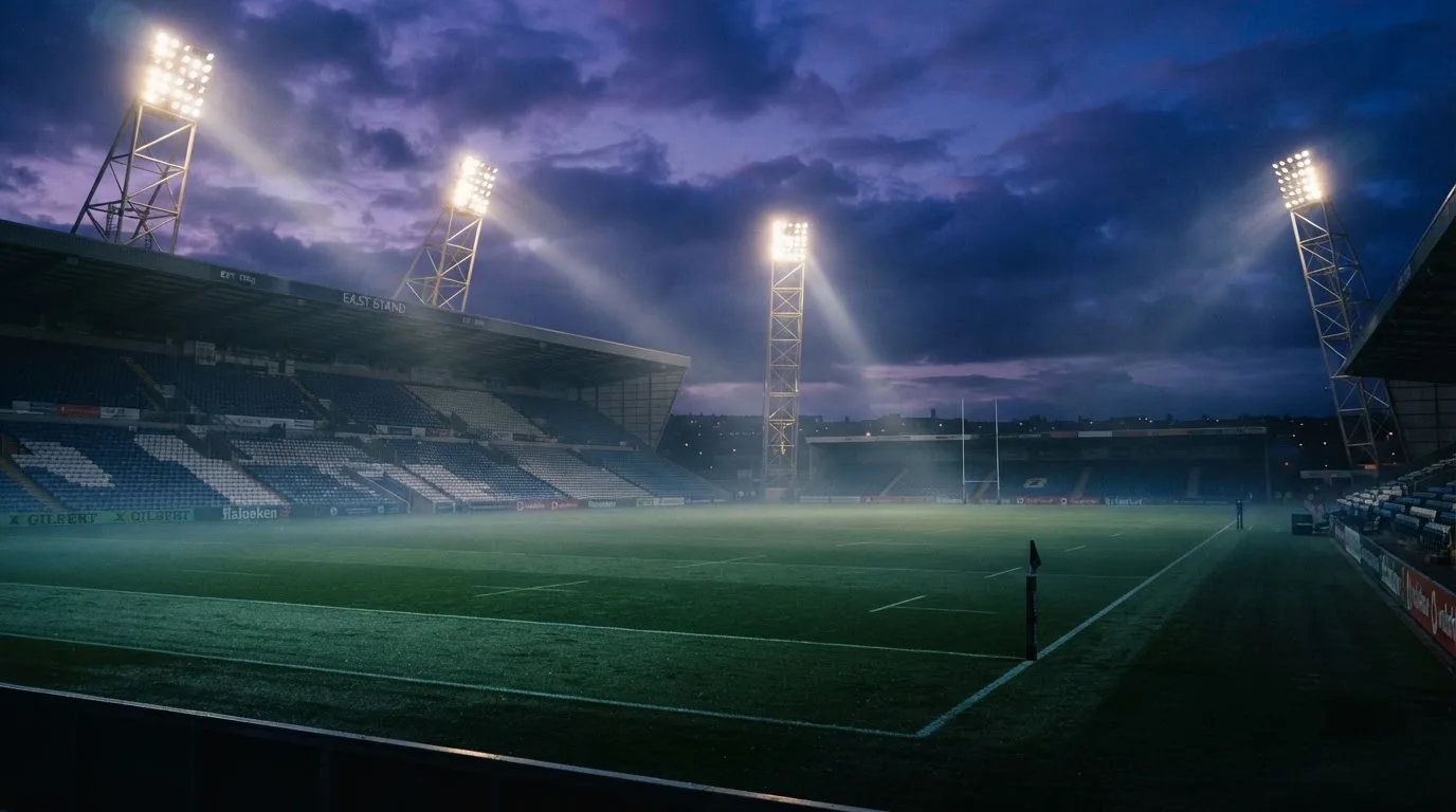 An empty football stadium with floodlight masts at dusk