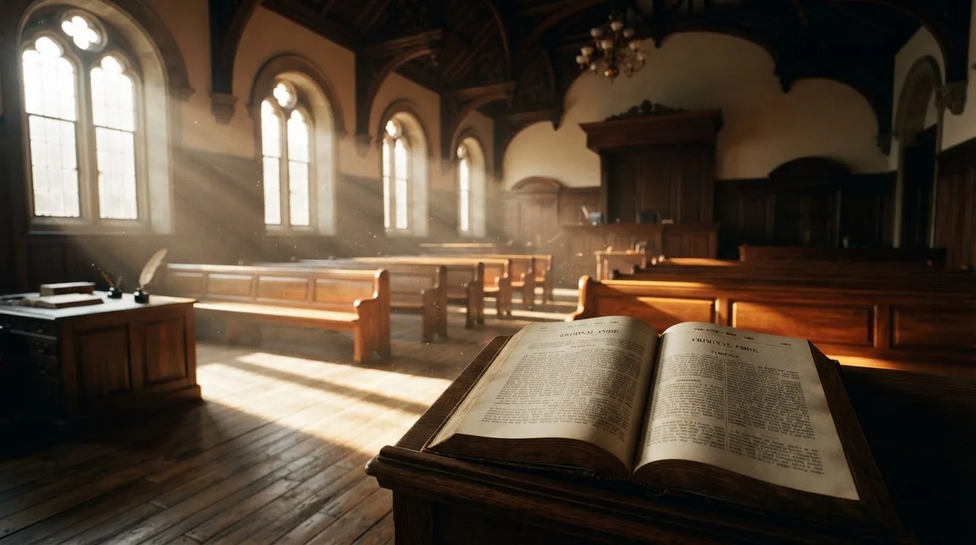 An empty courtroom with wooden benches in morning light