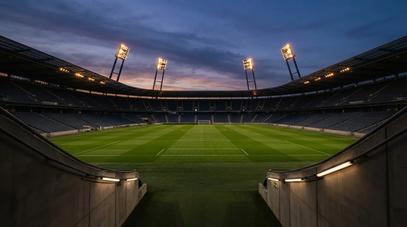 An empty football stadium with floodlight masts at dusk