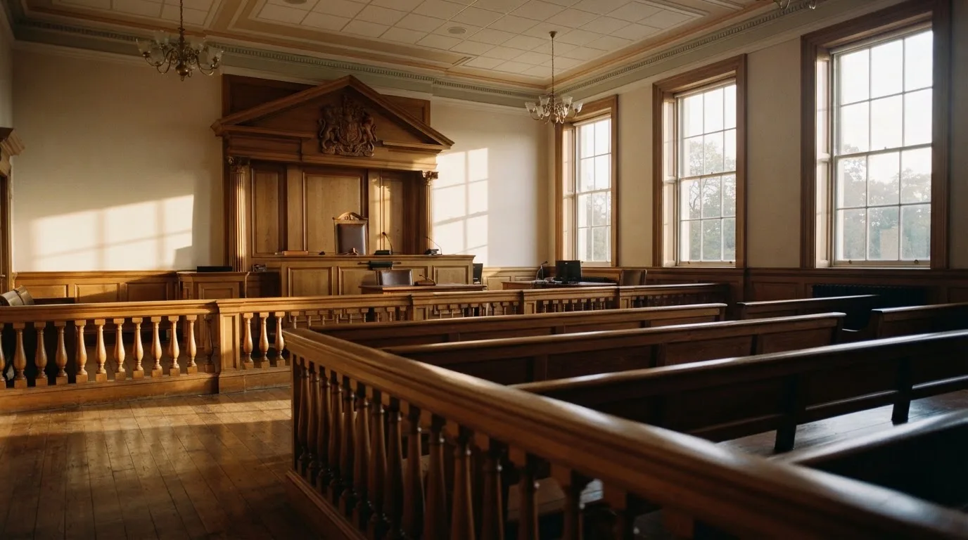 An empty courtroom with wooden benches in morning light