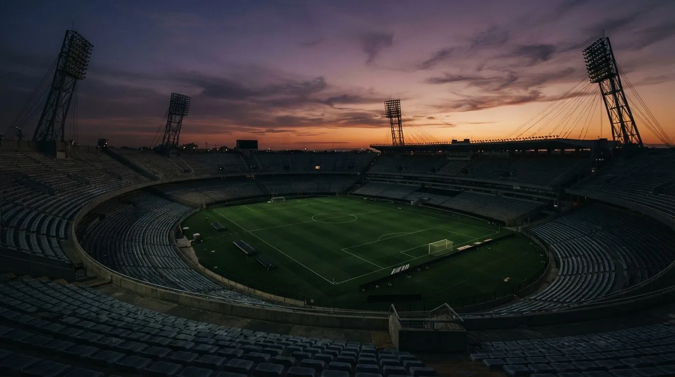 An empty football stadium with floodlight masts at dusk