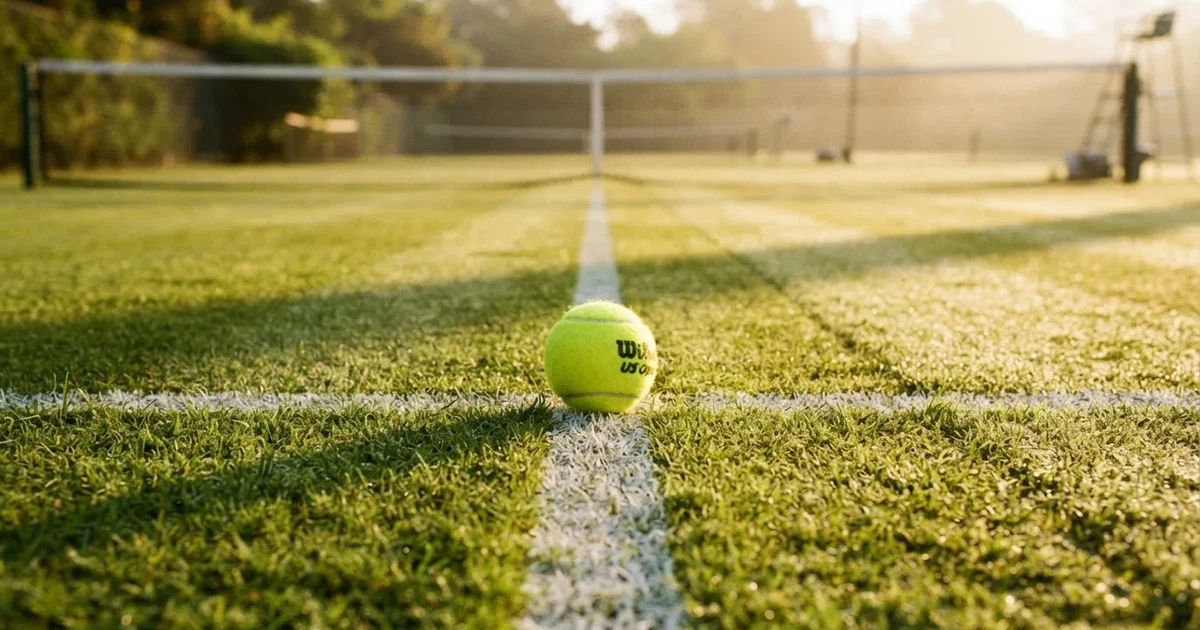 A ball on the centre spot of a grass pitch in morning light