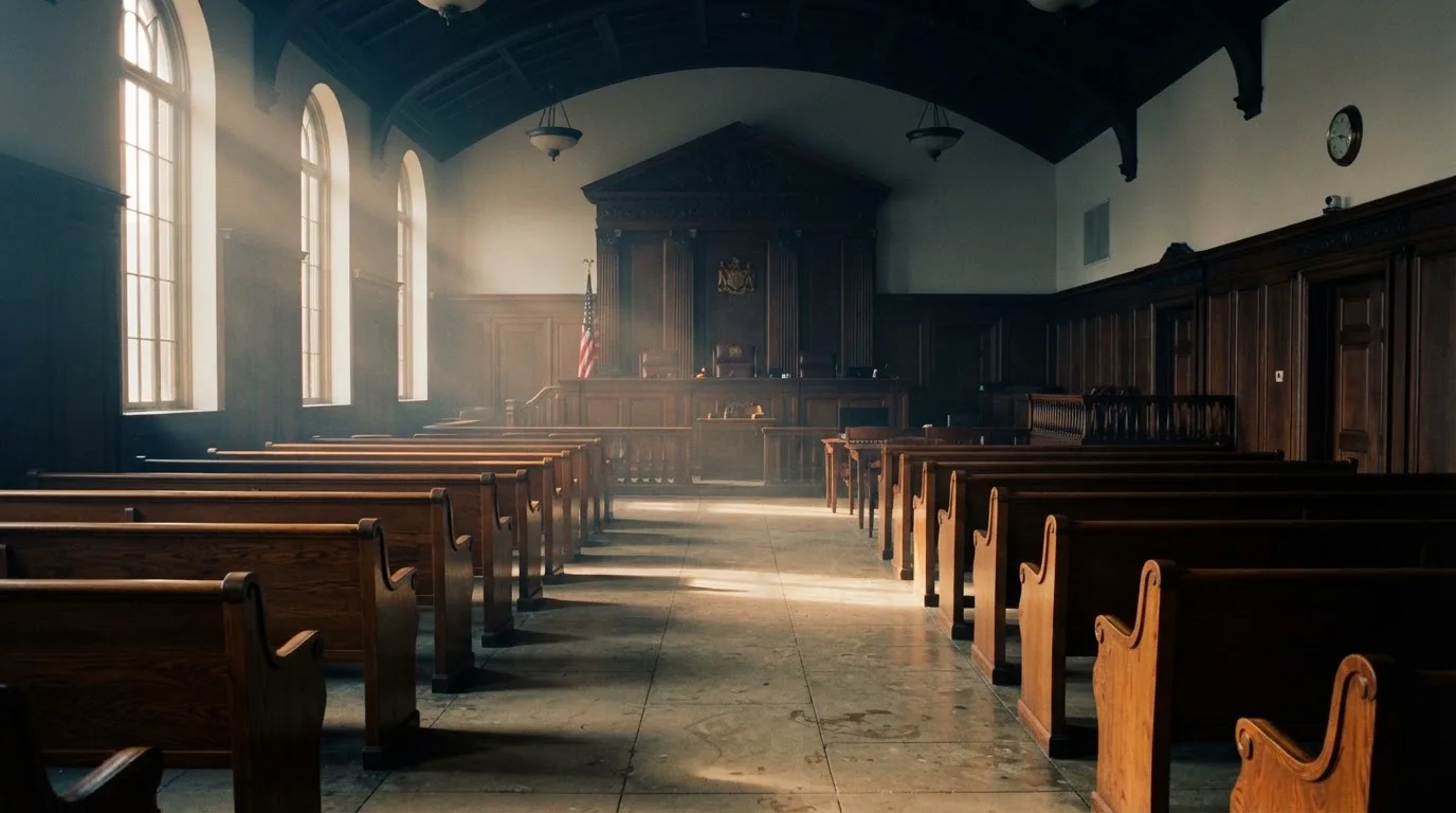 An empty courtroom with wooden benches in morning light