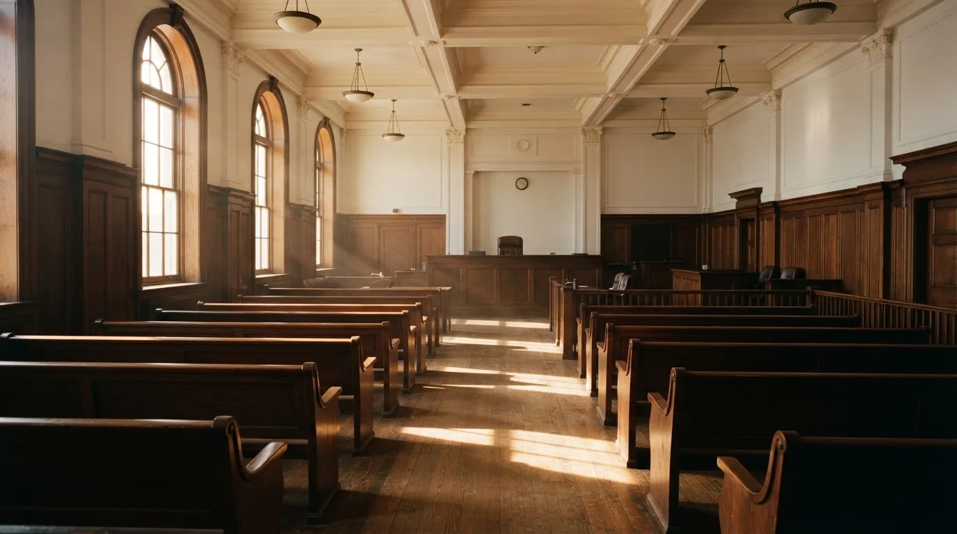 An empty courtroom with wooden benches in morning light