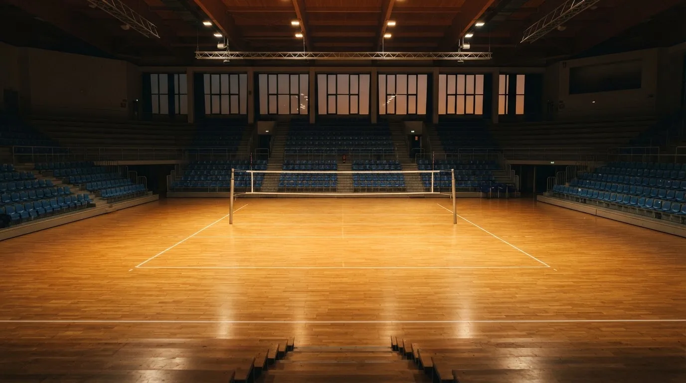An empty football stadium with floodlight masts at dusk