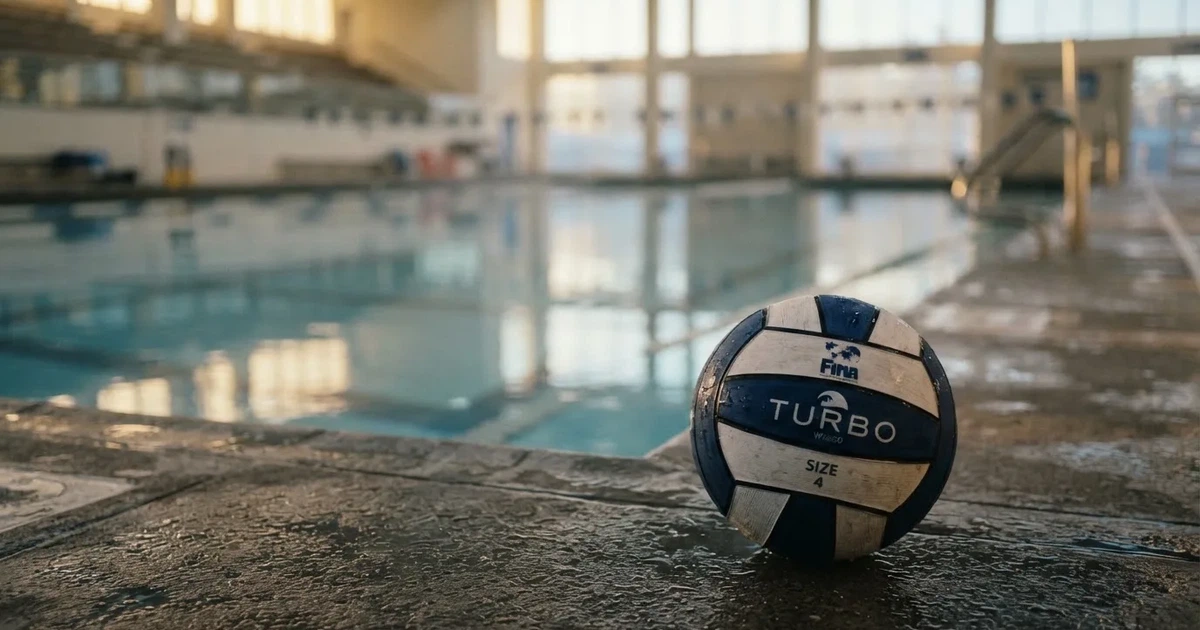 A ball on the centre spot of a grass pitch in morning light