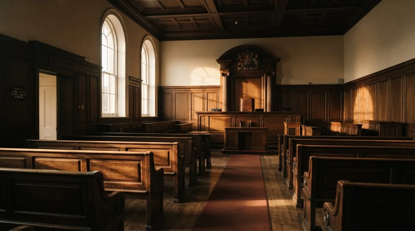 An empty courtroom with wooden benches in morning light