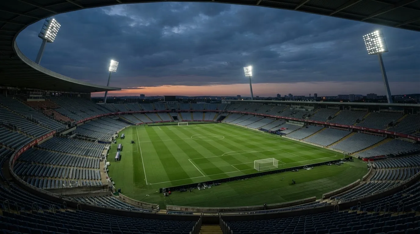 An empty football stadium with floodlight masts at dusk