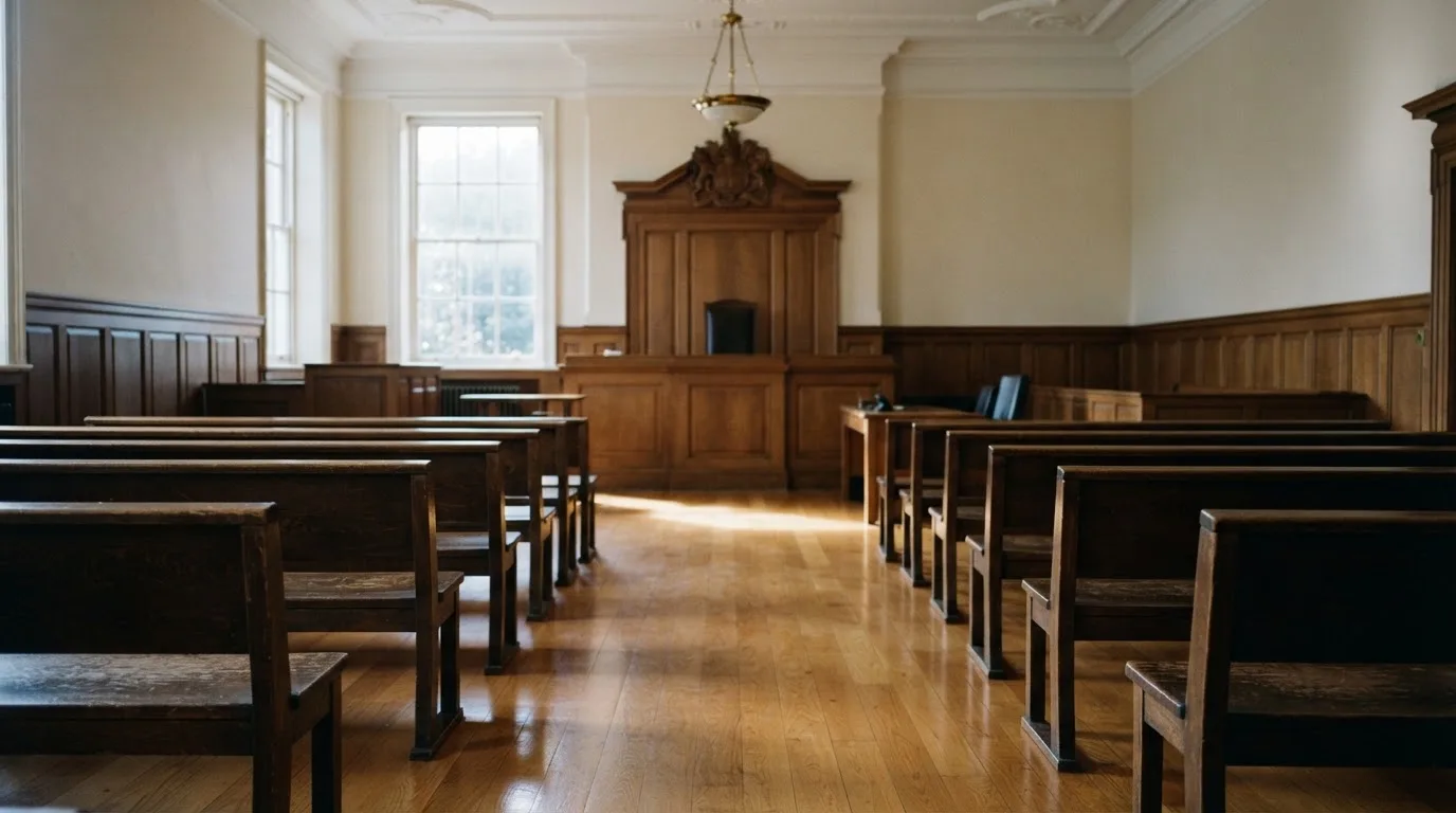 An empty courtroom with wooden benches in morning light