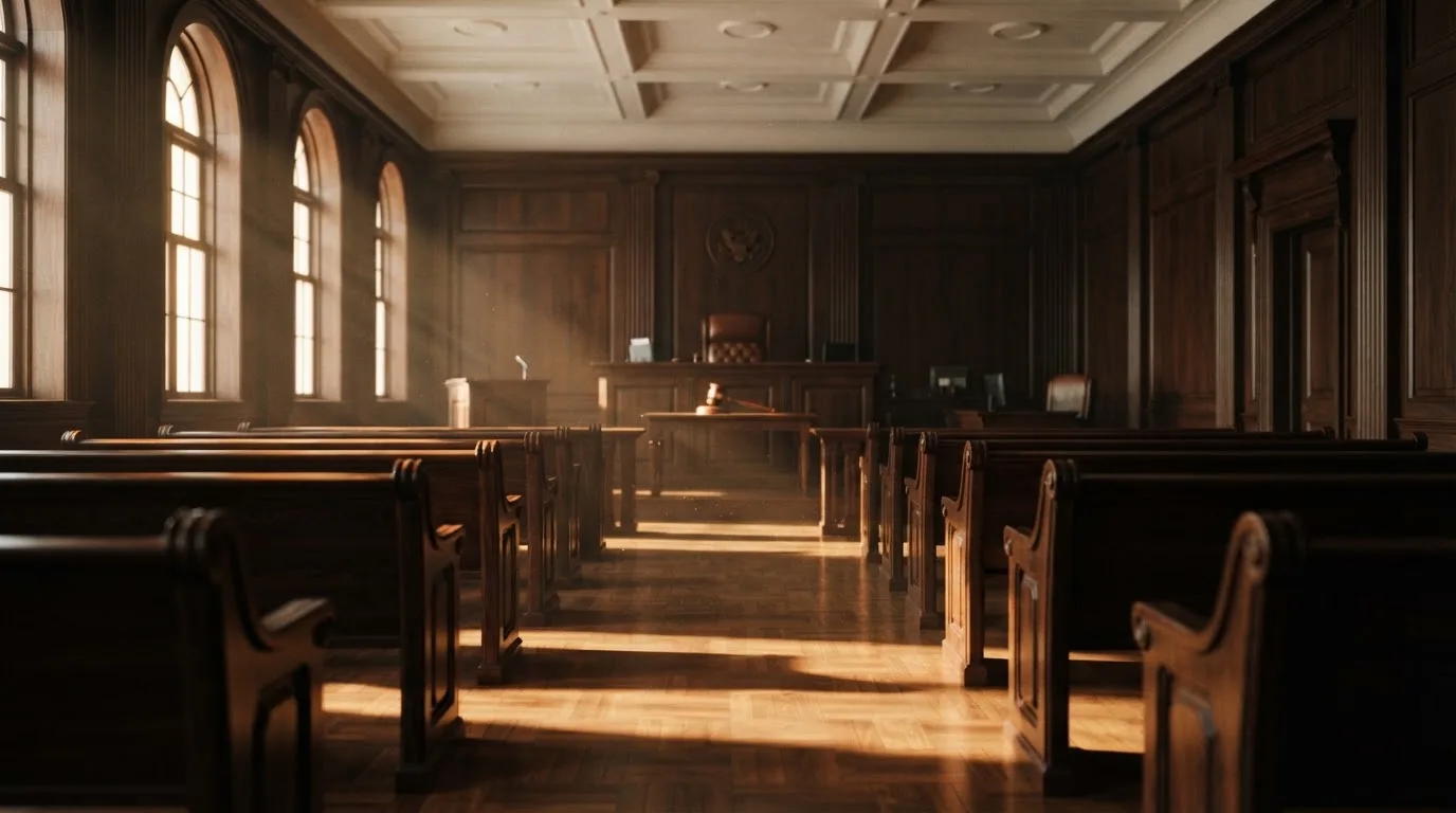 An empty courtroom with wooden benches in morning light