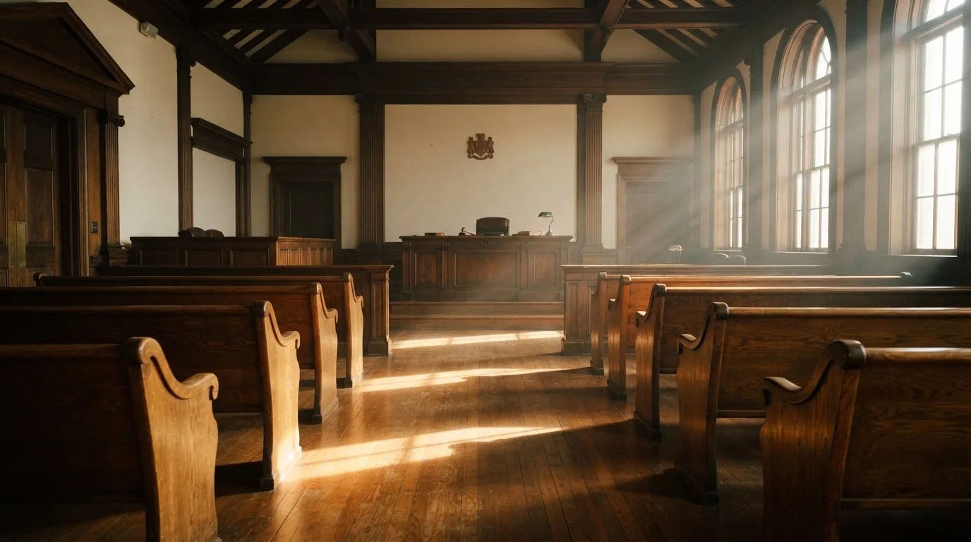 An empty courtroom with wooden benches in morning light