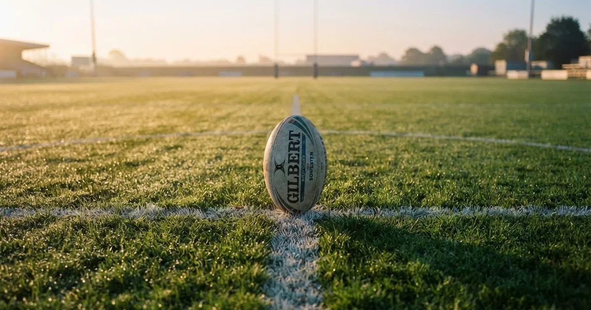 A ball on the centre spot of a grass pitch in morning light
