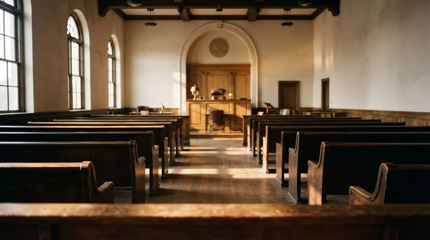 An empty courtroom with wooden benches in morning light