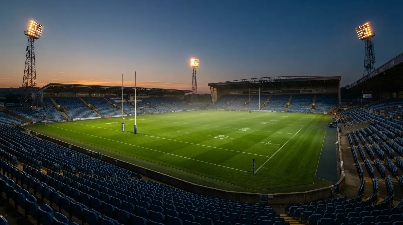 An empty football stadium with floodlight masts at dusk