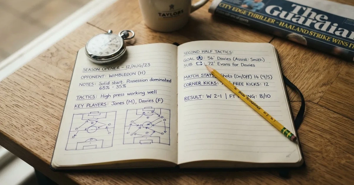 An open notebook with a pencil and a stopwatch on a wooden table