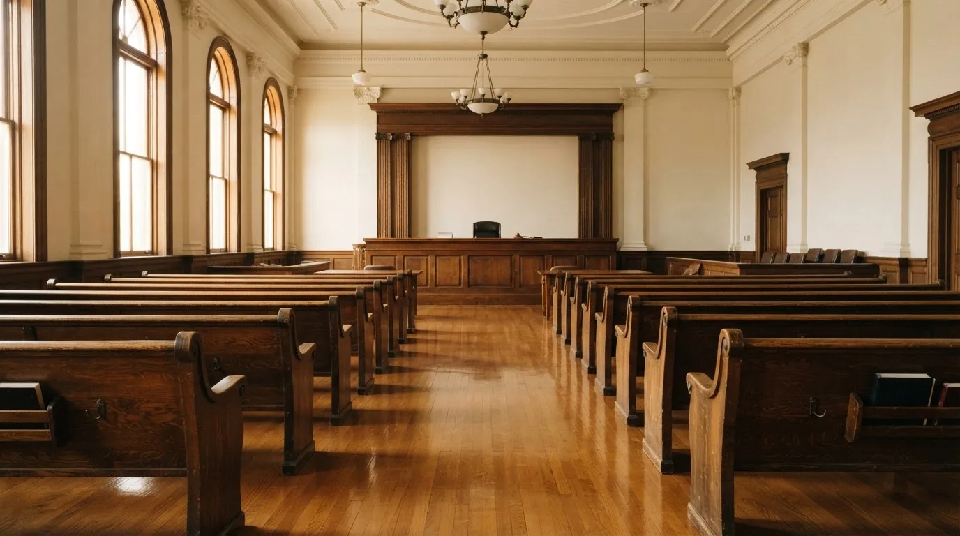 An empty courtroom with wooden benches in morning light