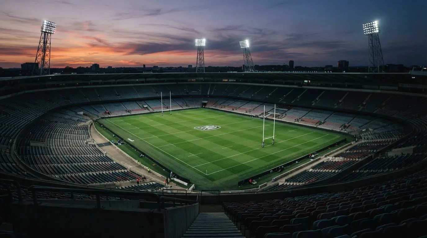 An empty football stadium with floodlight masts at dusk