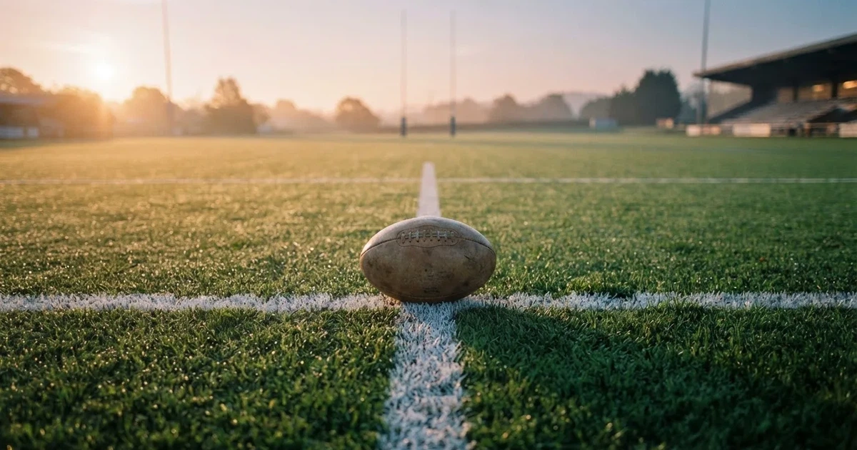 A ball on the centre spot of a grass pitch in morning light