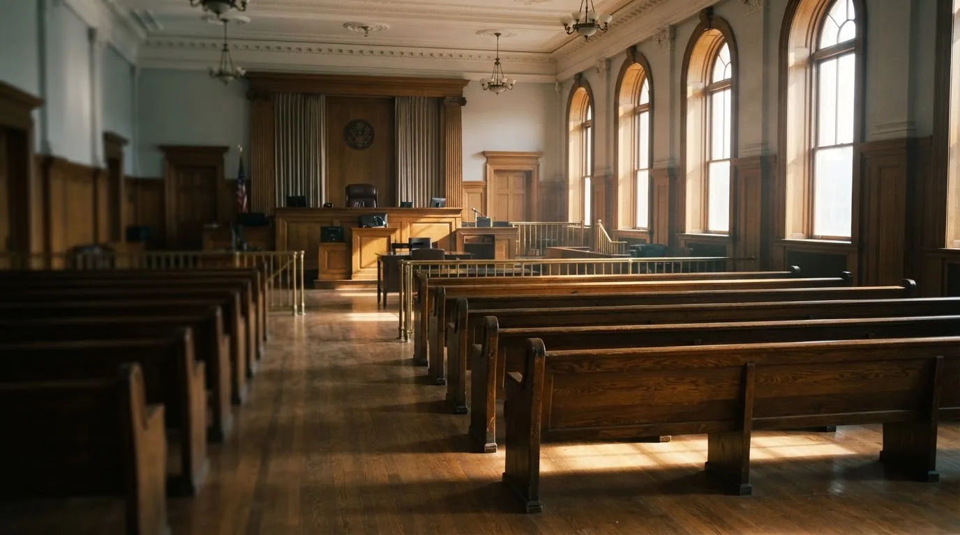 An empty courtroom with wooden benches in morning light