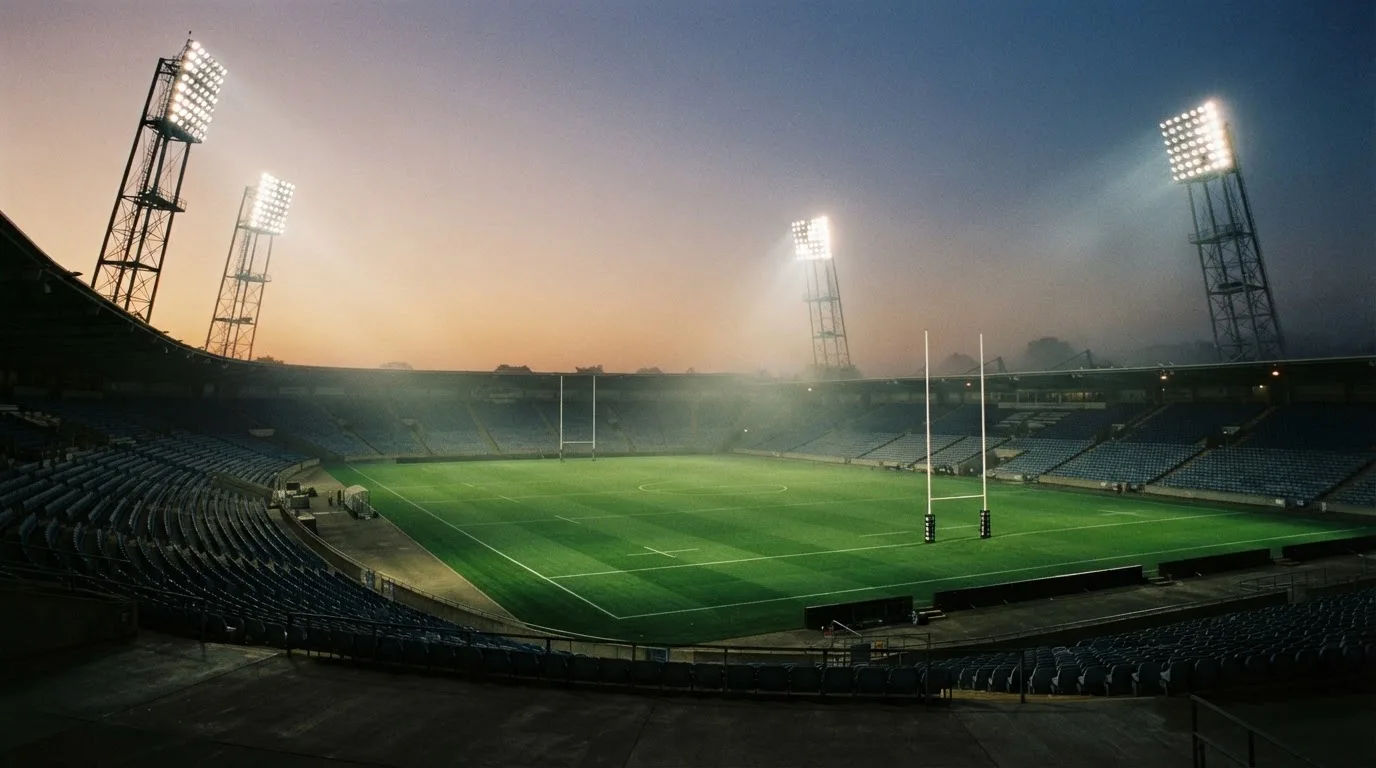 An empty football stadium with floodlight masts at dusk