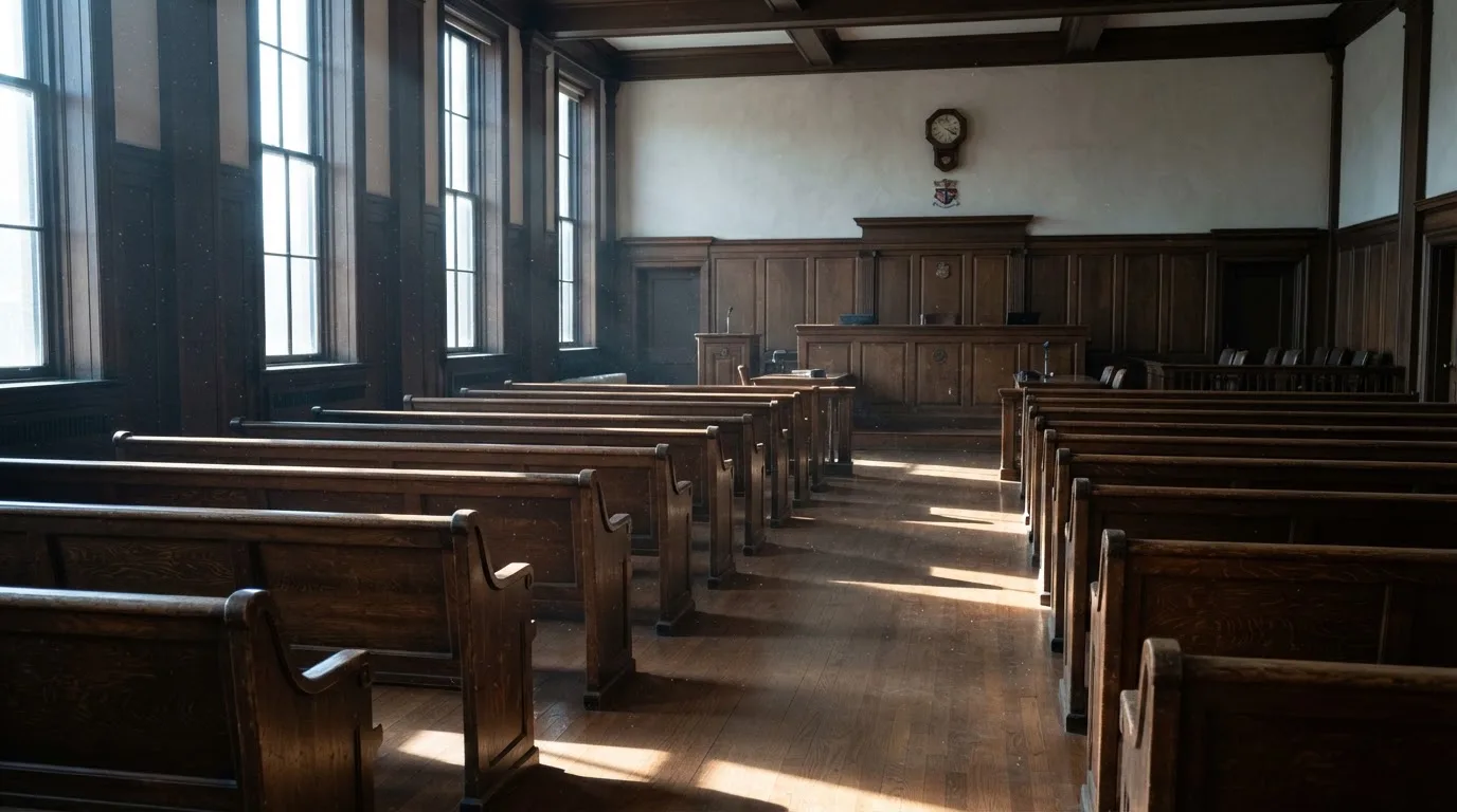 An empty courtroom with wooden benches in morning light