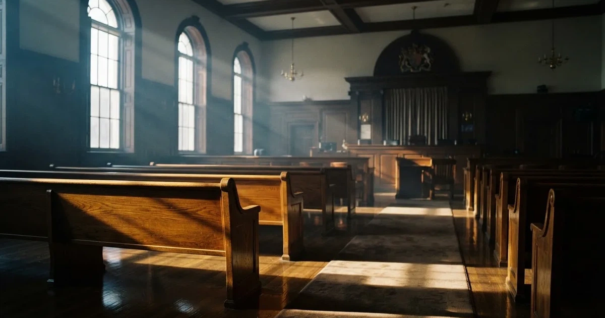 An empty courtroom with wooden benches in morning light