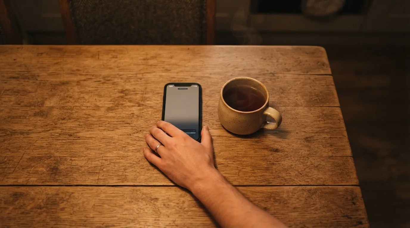 A hand setting a smartphone down beside a cup of tea on a kitchen table on a quiet evening