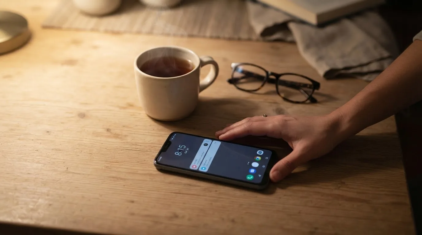 A hand setting a smartphone down beside a cup of tea on a kitchen table on a quiet evening