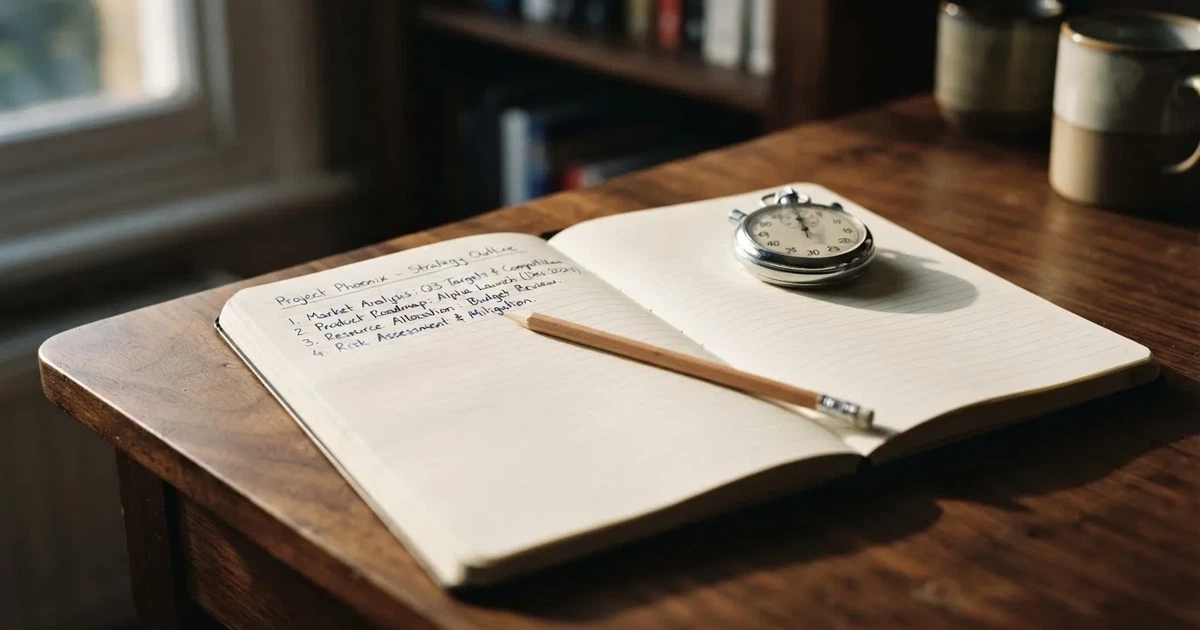 An open notebook with a pencil and a stopwatch on a wooden table
