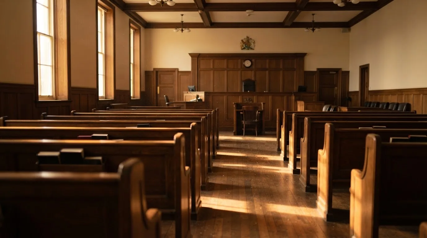 An empty courtroom with wooden benches in morning light