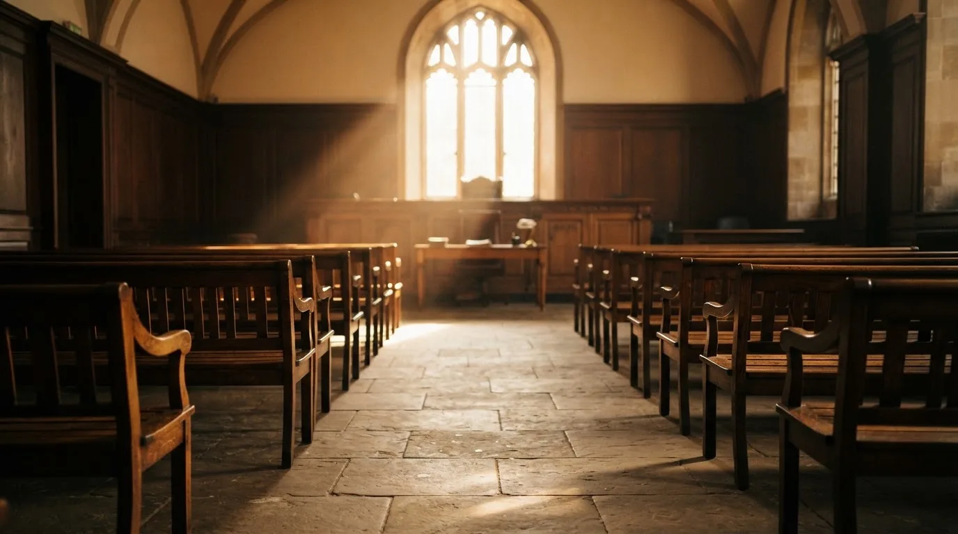 An empty courtroom with wooden benches in morning light