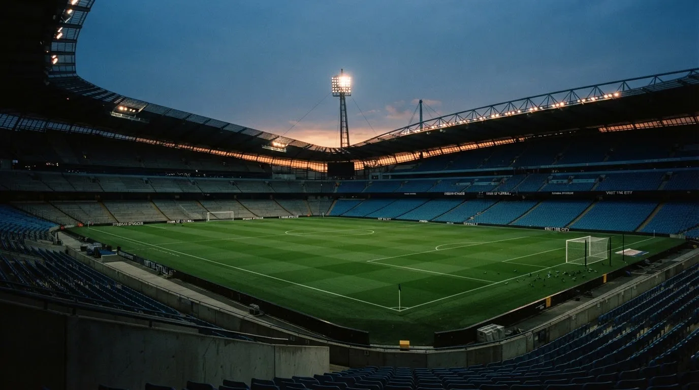 An empty football stadium with floodlight masts at dusk