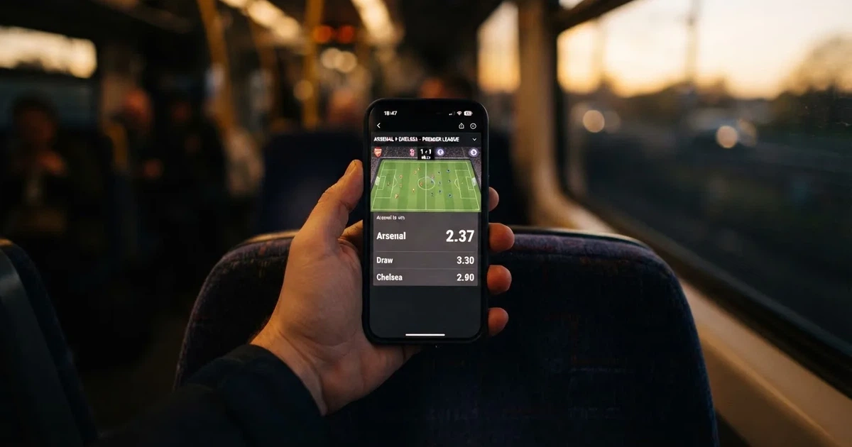 A hand holding a smartphone on a train in the evening, screen turned away